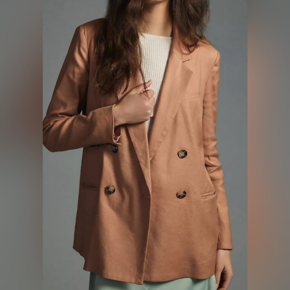 Anthropologie Maeve Linen Oversized Relaxed Tan Double-Breasted Blazer Size 10